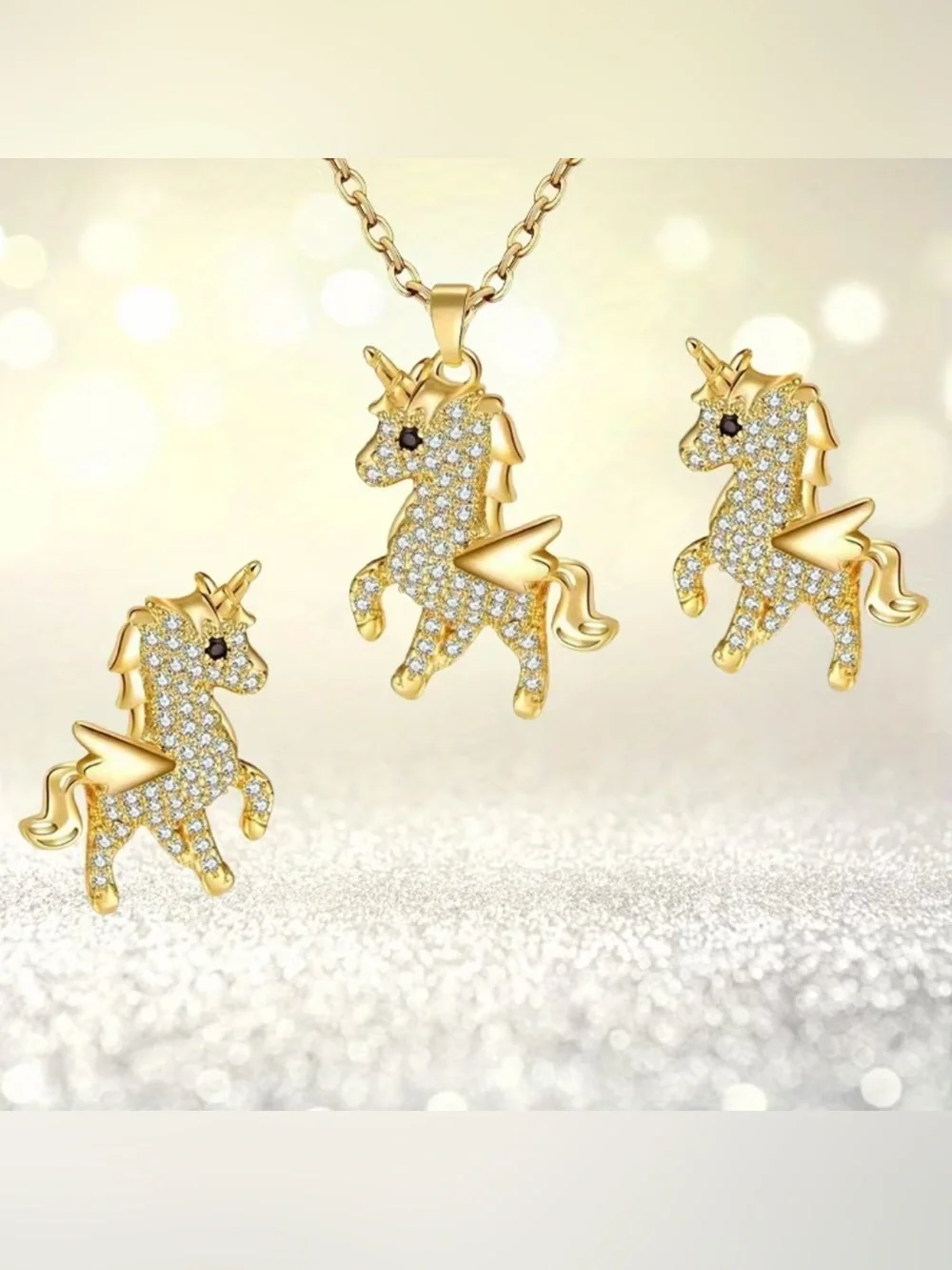 Gold Unicorn Necklace and Earring Set - Pink Accents